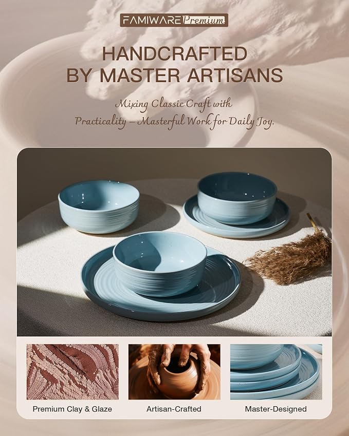 Dinnerware Sets for 6, Ceramic Plates and Bowls, Ice Blue | 18-Piece Ceramic