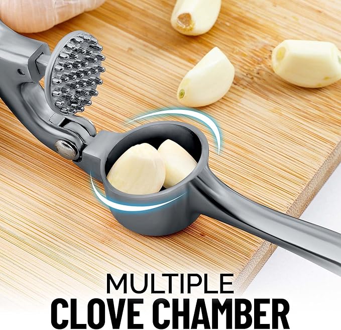 Zulay Kitchen Premium Garlic Press Set - Rust Proof & Dishwasher Safe Professional Garlic Mincer Tool - Easy-Squeeze, Easy-Clean with Soft, Ergonomic Handle - Silicone Garlic Peeler & Brush (Slate)