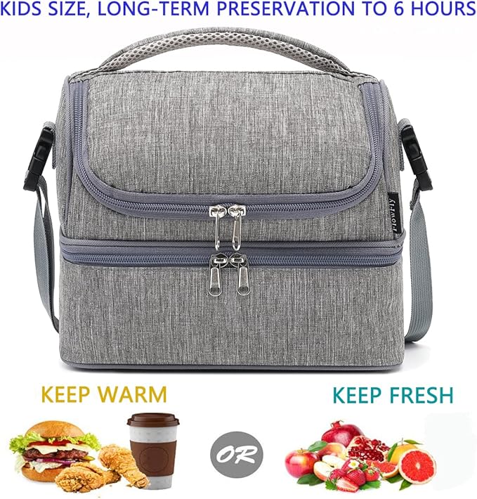 FlowFly Double Decker Cooler Insulated Lunch Bag Large Tote for Boys, Girls, Men, Women, With Adjustable Strap (Grey)