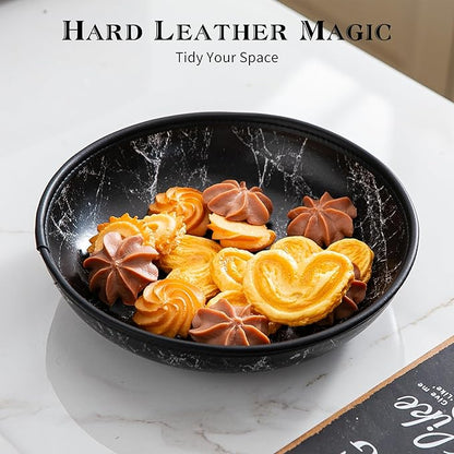 2025 Improved Design Round Marbled Leather Valet Tray Organizer Set of 2, Hard Leather Catchall Tray for Watches, Keys, Wallets, Jewelry & Candys on Desk, Bedside, Nightstand(Round Hard)