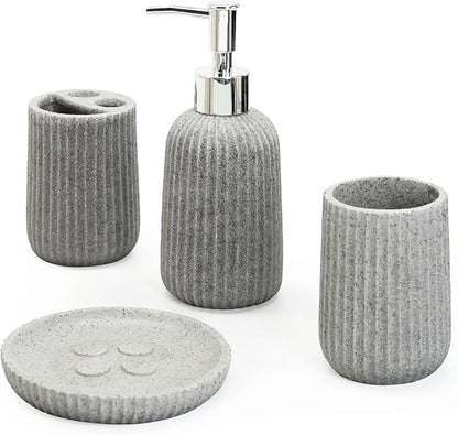 4-Piece Bathroom Accessory Set - Modern Resin & Sandstone Collection - Includes Soap Dispenser 8.5oz, Toothbrush Holder, Tumbler, Soap Dish (Grey)