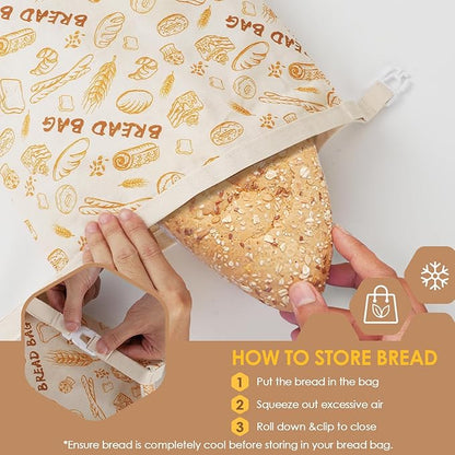3-Pack Reusable Beeswax Bread Bags - Large 17x13 Inch for Sourdough & Homemade Bread Storage | All-Natural Beeswax Preservation, Eco-Friendly Cotton Food Bags - Easy to Clean & Daily Use