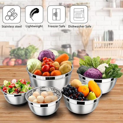 LIANYU Stainless Steel Nesting Mixing Bowls Set of 6 with Airtight Lids, Size 7, 3.5, 2.5, 2, 1.5, 1QT, Large Metal Bowls for Baking Cooking Food Storage, Non-slip Bottom, Black