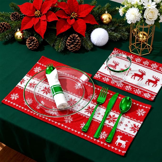 SUT 350 Pcs Green and Clear Plastic Dinnerware Set