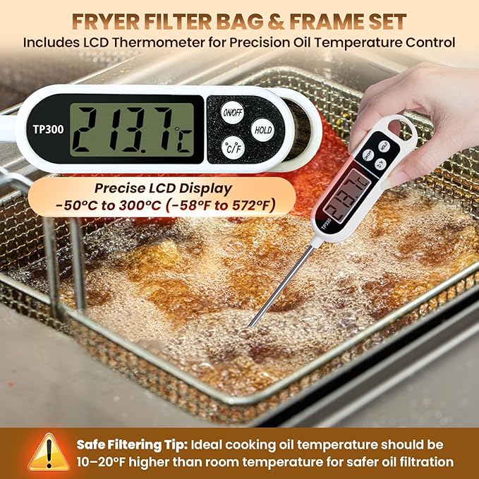 Fryer Filter Bag & Frame Set, Reusable Oil Strainer for 70 lb Cooking Oil, Fine Mesh to Capture Crumbs, Durable for Home & Commercial Use, with 1 Professional Food Thermometer