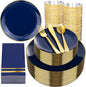NOCCUR 350PCS Navy Blue Plastic Plates - Blue Disposable Dinnerware Set for 50 Guests, 100 Dinner/Dessert Plates, 150 Gold Silverware, 50 Cups&50 Napkins for Party/Wedding/Hanukkah