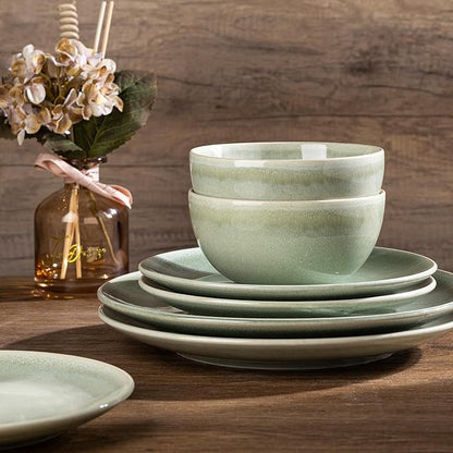 AmorArc Ceramic Dinnerware Sets for 6, 18 Pieces Handpainted Plates and Bowls Set, Scratch Resistant Stoneware Dishes Set, Dishwasher & Microwave Safe, Olive Green