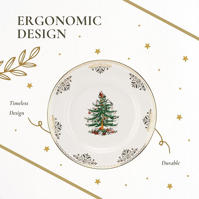 Spode Christmas Tree Gold Dinner Plate, 10 Inch - Celebratory Holiday Serveware, Classic Holiday Plate with Nostalgic, Festive Design - Fine Porcelain, Warm Oven & Dishwasher Safe