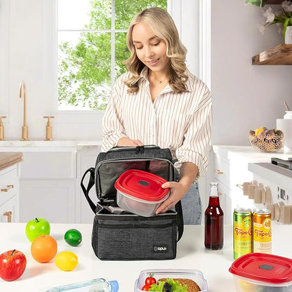 OPUX Lunch Box For Men Women, Insulated Large Double Decker Lunch Bag, Charcoal Gray, 10x7.5x10 Inches