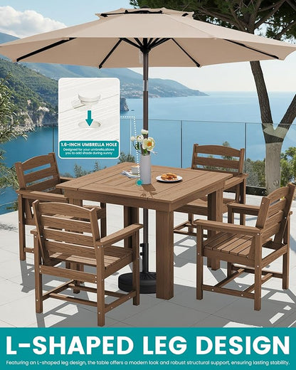 SERWALL Outdoor Dining Set for 4, HDPE Square Table and Chairs Set All Weather