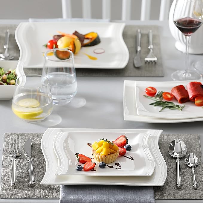 MALACASA Plates and Bowls Sets, 26 Pieces Ivory White Porcelain Dinnerware Sets