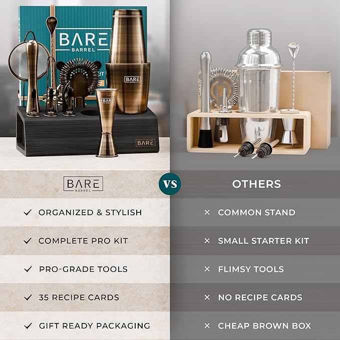 BARE BARREL® Mixology Bartender Kit Bar Set | 14-Piece Cocktail Shaker Set | Martini Barware Mixing Tools for Home Bartending | Incl. 35 Recipe Cards | Gift Set (28oz Boston Shaker, Brass/Black)