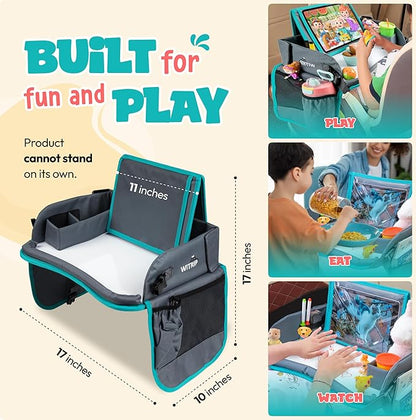 Kids Travel Tray with Dry Erase Board - Car Seat Tray for Kids Travel, Carseat Table Top for Toddler, Lap Desk for Car Seat, Activity Organizer & Snack Holder, Road Trip Essentials for Kid (Aqua)