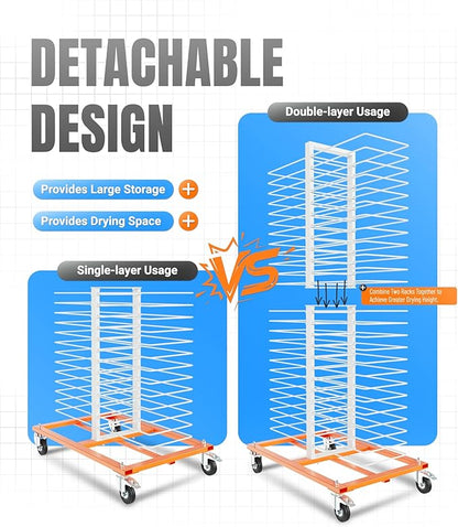 HECASA 50 Shelf Cabinet Drying Rack with Caster, Mobile Rack Stand with 25 LBS per Shelf Capacity, for Cabinet & Full-Size Doors, Art Studios – Space-Saving Vertical Design Powder Coated
