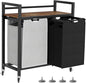 Laundry Hamper, Laundry Basket, Laundry Sorter with 2 Removable Bags, Clothes Basket with 2 Compartments, Wheels, Shelf for Laundry Room Bathroom Bedroom (2 Bags-Black Grey)