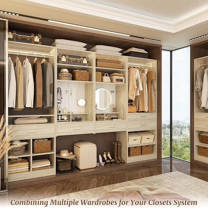 Unikito 75” Modular Closet System, Freestanding Closet Organizer with Hanging Rods, Drawers, Adjustable Clothes Garment Rack with Shoe Rack, Sturdy Walk in Closet Set for Bedroom, Mudroom, White Oak