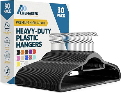 LifeMaster 30 Pcs. Dry Wet Clothes Hangers - Heavy Duty Coat Hanger Set with 360° Swivel Hook (Black) Non-Slip Rubber, Space-Saving, Frustration-Free Hanging, Accessory Tie Bar, Smart Strap Hooks