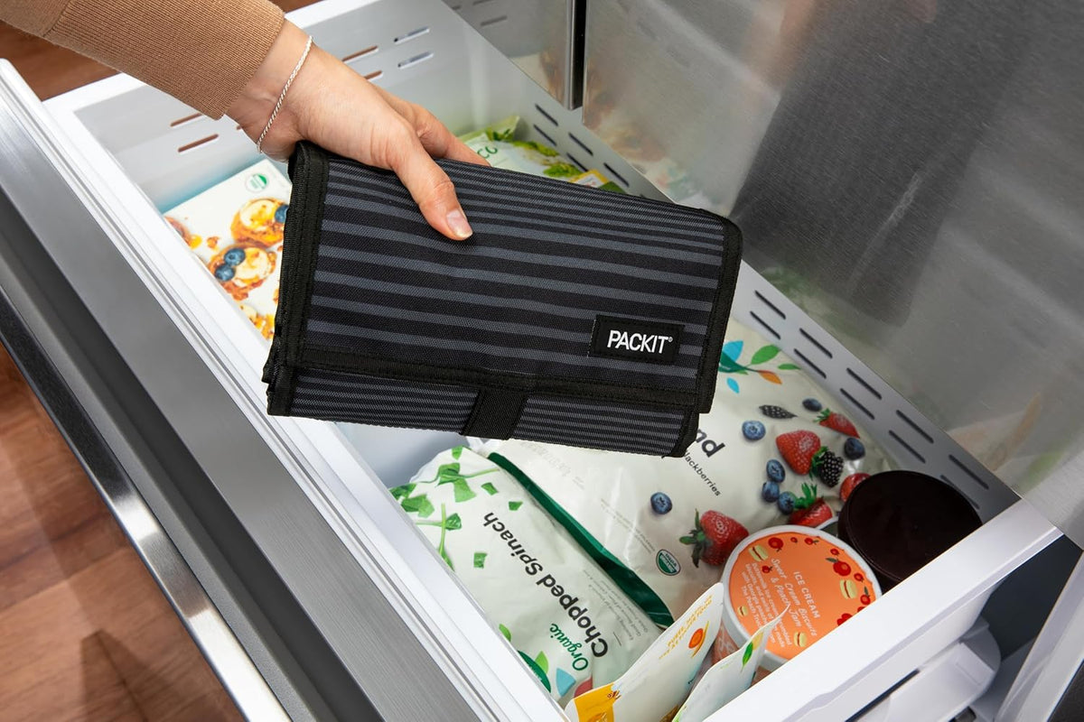 PackIt Freezable Lunch Bag, Gray Stripes, Built with EcoFreeze Technology, Foldable, Reusable, Zip and Fold Closure with Buckle Handle, Perfect for School and Office Lunches