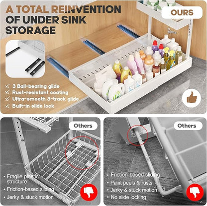 1-Pack L-Shape Expandable Under Sink Organizer with 3 Ball-Bearing Slide Rails,2-Tier Pull-Out Under Cabinet Storage Shelf for Kitchen & Bathroom,Height-Adjustable Slide-Out Cabinet Drawer-White