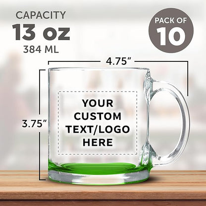 Custom Libbey Clear Glass Coffee Mugs 13 oz. Set of 10, Personalized Bulk Pack - Perfect for Coffee, Tea, Espresso, Hot Cocoa, Other Beverages - Green Bottom