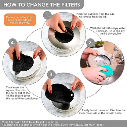 RED FACTOR Premium Compost Bin for Kitchen Countertop - Stainless Steel Food Waste Bucket with Innovative Dual Filter Technology - Includes Spare Filters (Brilliant Steel, 1.3 Gallon)