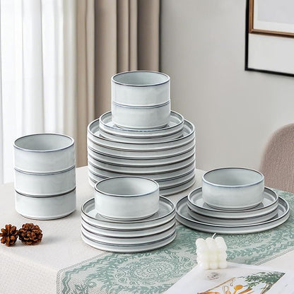 LIANYU Plates and Bowls Dinnerware Sets for 8, 24 Piece Stoneware Tableware Dishes Set Includes Dinner Dessert Plate Cereal Bowl, Rustic Terracotta Underside, Dishwasher & Microwave Safe, Lucent White