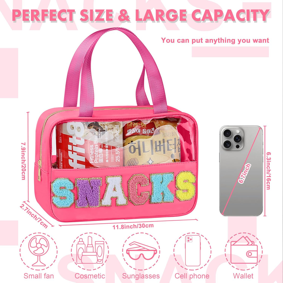 Snack Bag for Travel - Chenille Letter Clear Makeup Bag, Large Preppy Patch Snack Cosmetic Bag with Handle and Zipper, Cute Makeup Pouch Nylon&PVC Waterproof Toiletry Organizer Storage for Women Girls