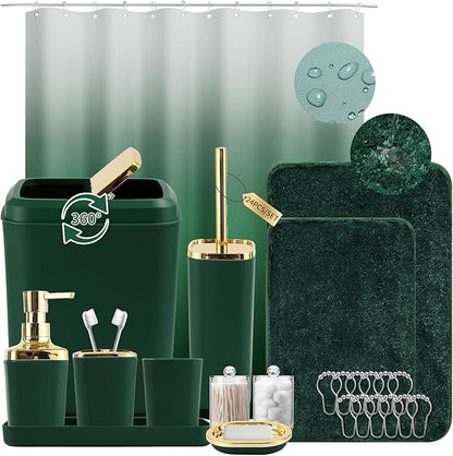 Bathroom Set - Dark Green Bathroom Sets with Shower Curtain and Rugs, 24PCS Shower Curtain Set with Hooks, Soap Dispenser, Soap Dish, Toilet Brush Holder and Trash Can for Housewarming