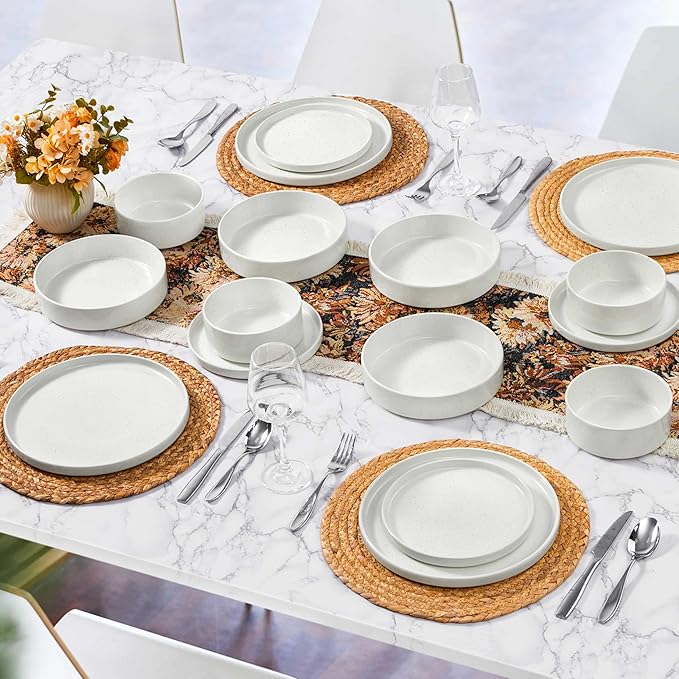 Herogo 24 Piece Dinnerware Sets with Pasta Bowls for 6, Dinner Salad Plates and Cereal Serving Bowls, Stoneware Dishes Dinner Ware for Kitchen Dining, Dishwasher & Microwave Safe, Speckled White