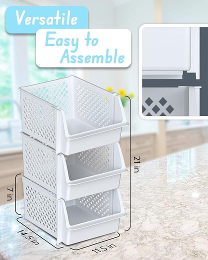 Skywin TidyFriend Plastic Stackable Storage Bins for Pantry, 3 Pack White Stackable Bins For Organizing Food, Kitchen, and Bathroom Essentials (White)