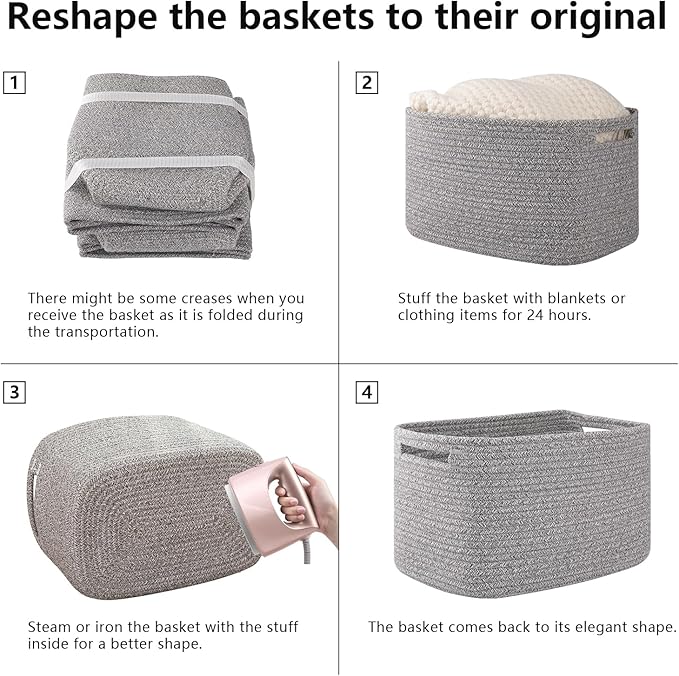 OIAHOMY 4 Pack Storage Baskets for Organizing, Cube Storage Bins for Shelves, Rectangle Storage Baskets With Handles, Woven Baskets for Storage, 12.7''Lx9''Wx7.8''H, Grey