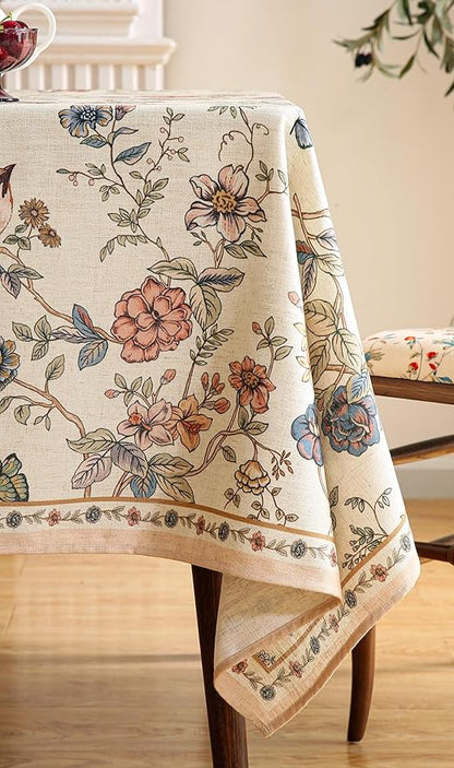 ISAENNE Designer French Light Beige Small Rectangular Tablecloth,Linen Florals and Birds Pattern Table Cloth,Anti-Wrinkle Decorative Tablecloths for Dining Thanksgiving Kitchen,55"*71"-Cornucopia