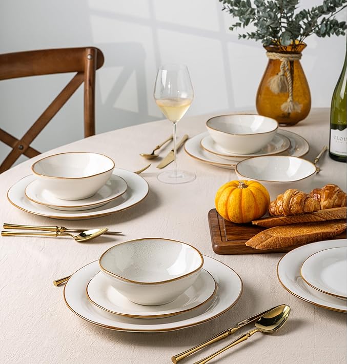 AmorArc Ceramic Dinnerware Sets, Handmade Stoneware Reactive Glaze Plates and Bowls Set, Scratch Resistant | Dishwasher & Microwave Safe Dishes Set, Service for 4 (12pc)
