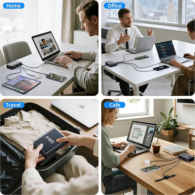 320W Fast Charging 8 Port USB C Charger Block, Multi-Device USB Charging Station Wall Desktop Charger with GaN Ⅲ Technology, USB-C Charger Adapter for MacBook/iPad/iPhone 16/Samsung Galaxy/DELL/HP