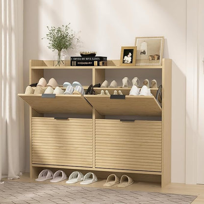 Large Shoe Storage Cabinet with 4 Flip Drawers, Wood Freestanding Shoe Organizer for Entryway Hidden Narrow Shoe Rack Cabinet, Nature Oak