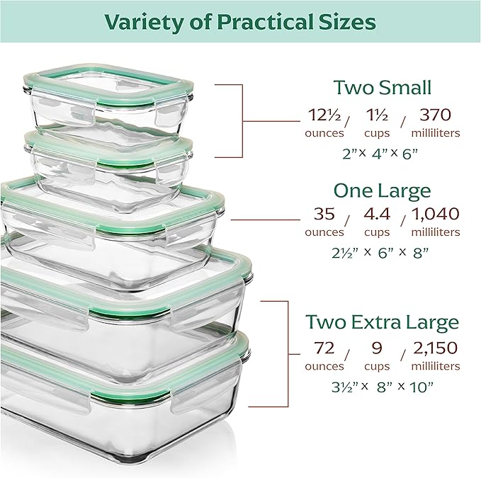 Fusion Gourmet Large Glass Food Storage Containers with Lids [5 Pack, 72 oz, 9 Cup], Airtight, Leakproof, Microwave and Oven Safe Borosilicate Glass