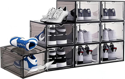 10 Pack Shoe Storage Box Clear Hard Plastic Shoe Organizer Stackable Hats Sneaker Display Case with Lids for Size 13, Black