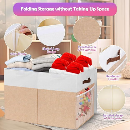 Large Toy Storage Box with Lid, Collapsible Sturdy Toys Storage Organizer Chest Bin Basket with Divider for Kids, Boys, Girls, Closet, Playroom, Bedroom, Nursery, 26"x17"x17" (Beige and White)