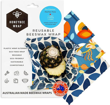 Honeybee Beeswax Wraps - Kitchen Starter Pack - Certified Organic Cotton Beeswax Wrap - Reusable Beeswax Wraps for Food - Plastic Wrap & Sandwich Bags Alternative - 3 Pack - Small, Medium & Large