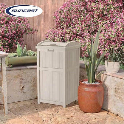 Suncast 2 Pack 15.75" x 16" x 31.6" Trash Hideaway 33 Gallon Resin Outdoor Commercial Garbage Container with Lid for Backyard, Deck, or Patio in Taupe
