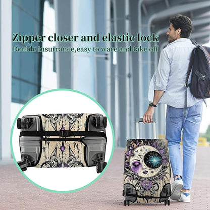 Luggage Protector Plus 1 Luggage Tag, Gothic Moon Face Travel Case Cover for 26-28 inch Suitcase with Elastic Dustproof, Scratch Resistant Concealed Zipper