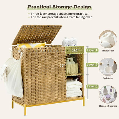 Laundry Hamper with Lid, 110L (29.1 Gal) Rattan Laundry Hamper 2 Section with 50L (13.2 Gal) Storage Shelf, Wicker Woven Laundry Sorter Basket with 3 Liner Bags and Handles, Natural GLH002N