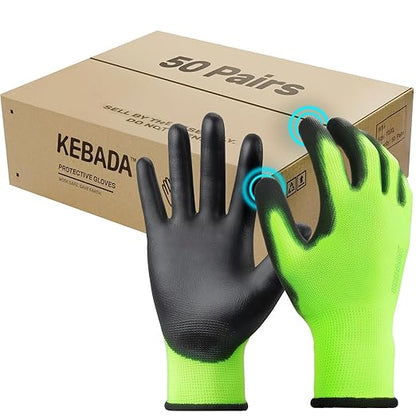 Kebada W1 Work Gloves for Men and Women, Touchscreen PU Coated Gloves with Grip, 50 Pairs Bulk Pack, Ideal for Warehouse Package Handling, Construction, Gardening, Green Medium
