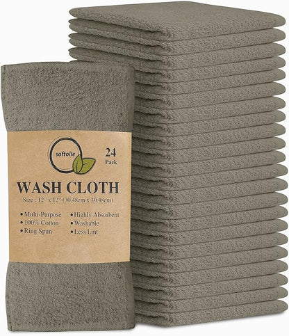 Softolle 100% Cotton Washcloths 24 Pack (12x12 Inches) Soft, Highly Absorbent Washcloth, Face Towels, Wash Cloths for Face, Ring Spun, Bulk Pack (Taupe)