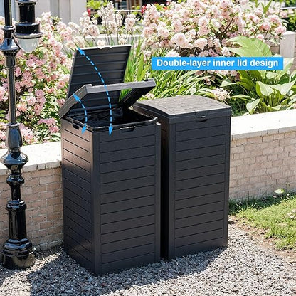 Outdoor Trash Can with Lid, Outdoor Trash Bin & Pull-Out Liquid Drawer, Dual Lid Closure Design, Waterproof Resin Garbage Can Container for Patio, Backyard, Deck (Black, 38Gallon)