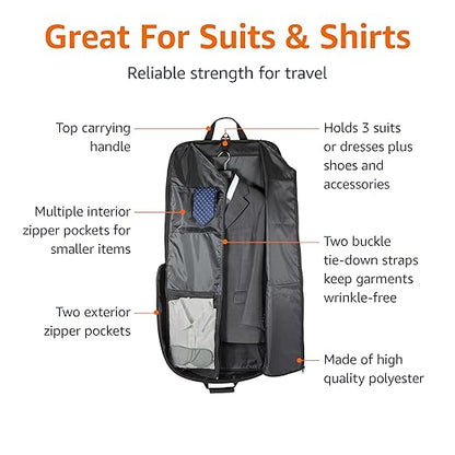 Amazon Basics 43" Premium Garment Bag for Travel, Suit Bag with Shoulder Strap for Suits and Dresses, 1680D Polyester Fabric, Exterior/Interior Pockets, Leather-reinforced Corners, Trifold, Black