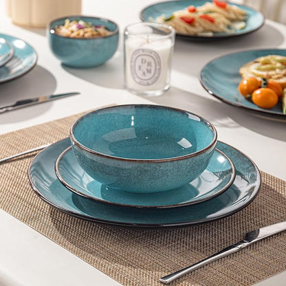 16 Piece Dinnerware Sets for 4， Scratch Resistant,microwave oven and Dishwasher Safe Plates and Bowls Sets Ceramic, Dish Set, Bowl and Plate Set -Kiln turned sea blue