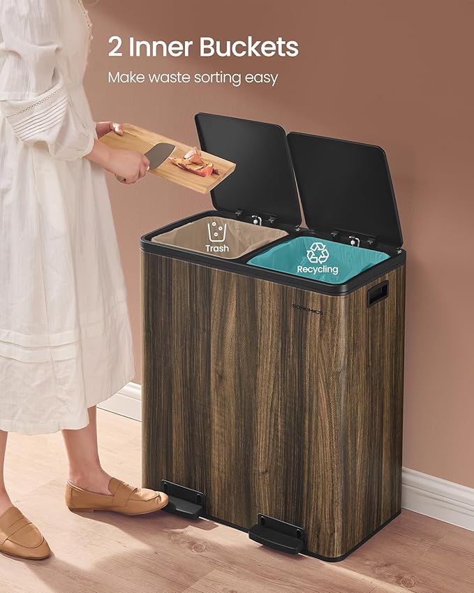 SONGMICS Trash Can, 2 x 8-Gallon Garbage Can for Kitchen, with 15 Trash Bags, 2 Compartments, Plastic Inner Buckets and Hinged Lids, Airtight, Dark Walnut ULTB060N02V1