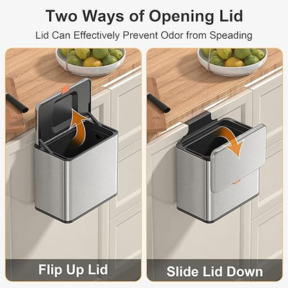 Mbillion Kitchen Compost Bin Hanging Trash Can with Lid 1.05 Gallon Stainless Steel Garbage Can for Kitchen Cabinet Door Mounted Trash Can Under Sink Door RV Bathroom,Silver