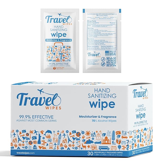Hand Sanitizing Travel Wipes – 30ct Individually Wrapped | Fresh Citrus Scent, Moisturizing, 70% Alcohol Wipes | Travel, Home, Office, Daily Use | Made in USA